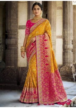 Yellow & Pink Saree Dola Silk